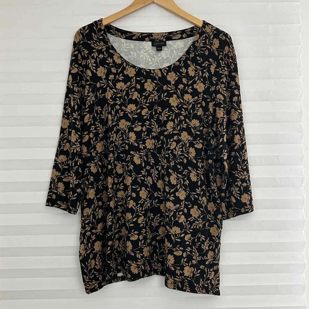 J. Jill Wearever Black Tan Floral 3/4 Sleeve Scoop Neck Tunic Top Womens Large